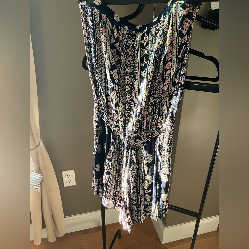 Angie dark blue print strapless romper shorts